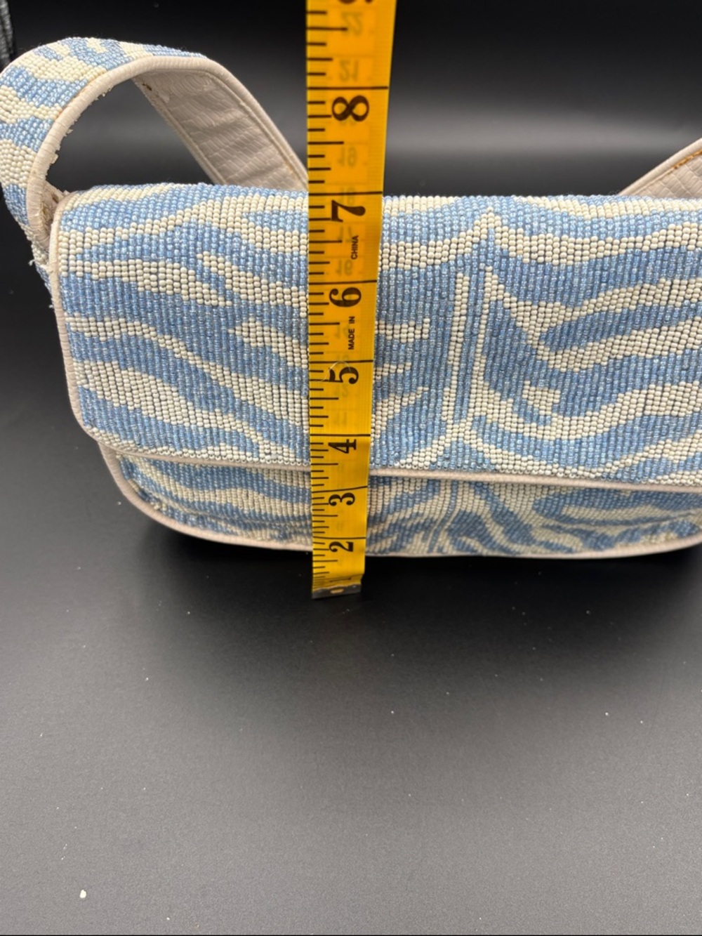 STAUD Tommy Beaded Shoulder Bag - Blue & White - Interior Strap is Peeling Some - Picture 9 of 13
